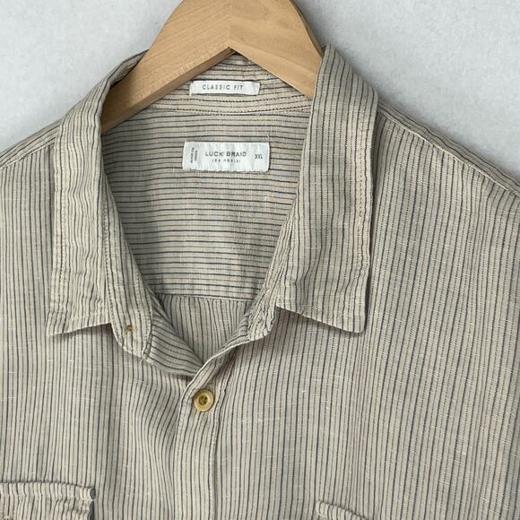 LUCKY BRAND Shirt Mens 2XL Striped Short Sleeve Classic Utility Button Up Beige - Picture 9 of 12